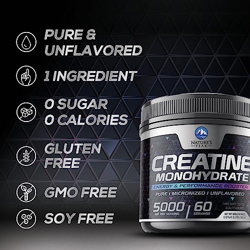 Creatine Monohydrate Powder - 100% Pure Micronized Creatine 5000mg (5g) - Creatine Pre Workout, Supports Muscle Building, Cellular Energy, Recovery & Strength, Vegan, Keto, Gluten-Free - 60 Servings