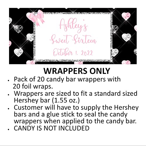 Diamond Hearts Pattern Personalized Candy Bar Wrappers for Chocolate, Birthday Party Favors, Hershey Bar Labels, Pack of 20