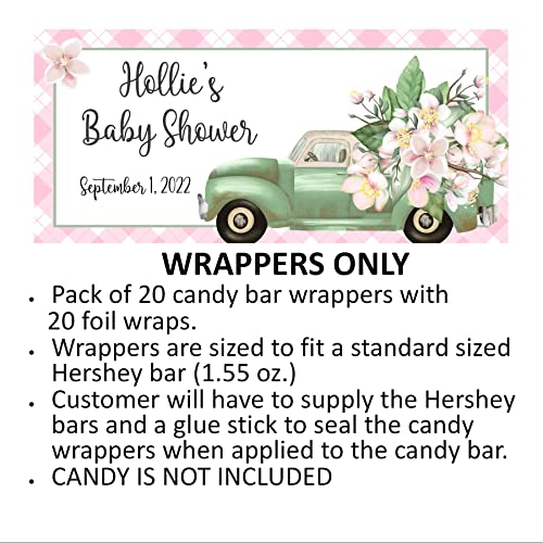 Rustic Floral Pick Up Truck Personalized Candy Bar Wrappers for Chocolate, Birthday Party Favors, Hershey Bar Labels, Pack of 20