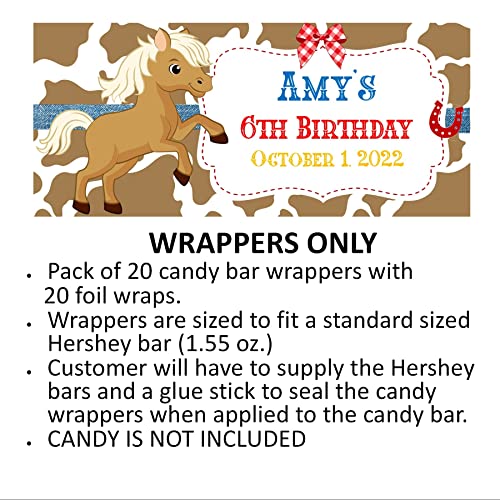 Horse Personalized Candy Bar Wrappers for Chocolate, Birthday Party Favors, Hershey Bar Labels, Pack of 20