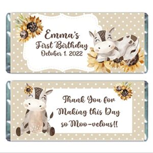 cow baby shower personalized candy bar wrappers for chocolate, birthday party favors, hershey bar labels, pack of 20