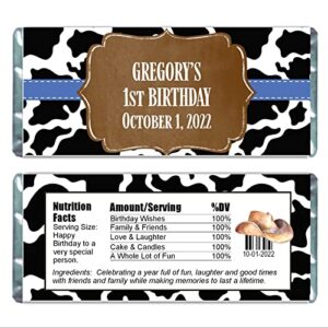 cow print pattern pattern personalized candy bar wrappers for chocolate, birthday party favors, hershey bar labels, pack of 20 (black)