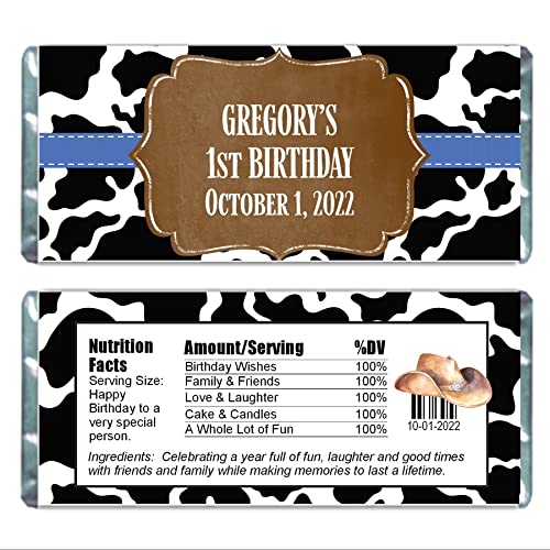 Cow Print Pattern Pattern Personalized Candy Bar Wrappers for Chocolate, Birthday Party Favors, Hershey Bar Labels, Pack of 20 (Black)