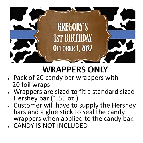 Cow Print Pattern Pattern Personalized Candy Bar Wrappers for Chocolate, Birthday Party Favors, Hershey Bar Labels, Pack of 20 (Black)