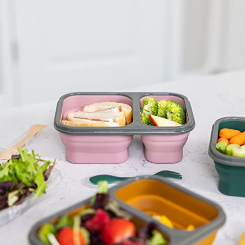 ModernHome Maven Silicone - Collapsible - BPA Free - Leak Proof - 2 Compartments - Lunch Box - Storage Container - Bento Box - Dishwasher, Microwave Safe - Mauve Pink -1PC