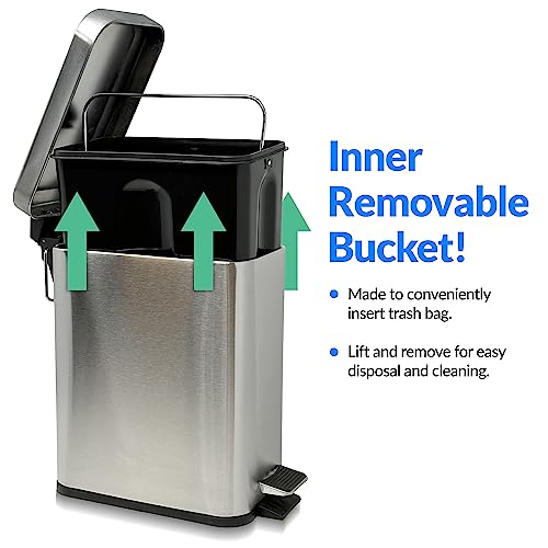Reli. Small Trash Can with Lid, 1.3 Gallon (5 Liter) | Stainless Steel (Silver) | Small Bathroom Trash Can | Step Pedal Garbage Can with Removable Bucket, Kitchen | Rectangular Metal Trash Bin
