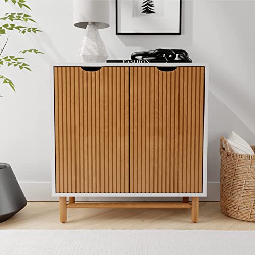 Stead Fluted Sideboard Storage Cabinet - Mid Century Modern Accent Cabinet with Doors - Great in Living Rooms, Bedrooms, and Entryways (White and Oak)