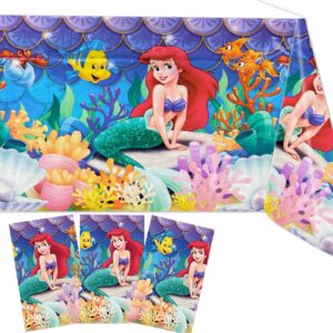 yunkeliu 3 pieces little mermaid birthday party tablecloths, ariel princess themed table cover plastic rectangle table cover for girls and boys baby shower birthday ocean party supplies