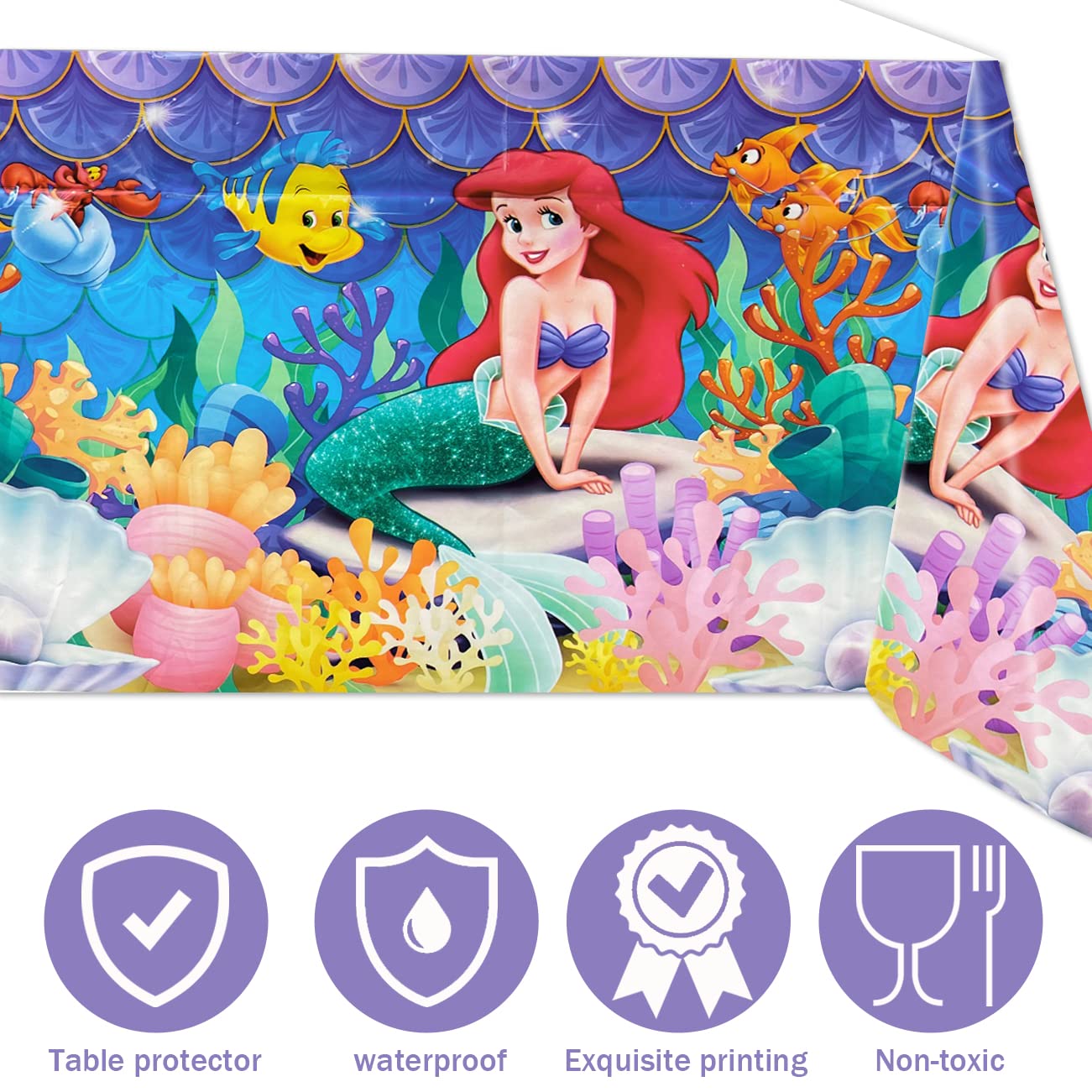 YUNKELIU 3 Pieces Little Mermaid Birthday Party Tablecloths, Ariel Princess Themed Table Cover Plastic Rectangle Table Cover for Girls and Boys Baby Shower Birthday Ocean Party Supplies