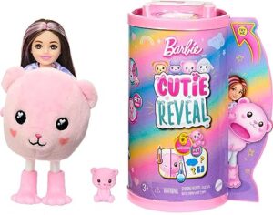 barbie chelsea cutie reveal small doll & accessories, brunette with teddy bear costume, 6 surprises (styles may vary)