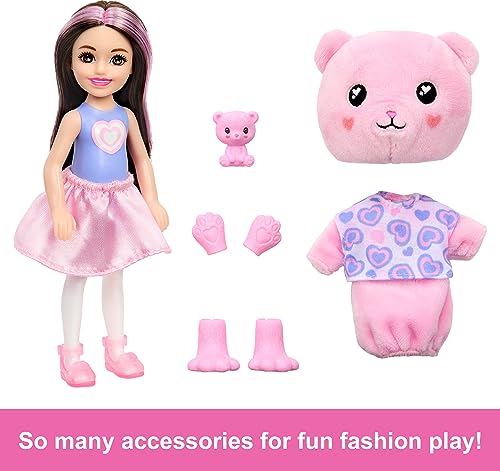 Barbie Chelsea Cutie Reveal Small Doll & Accessories, Brunette with Teddy Bear Costume, 6 Surprises (Styles May Vary)