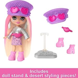 Barbie Extra Mini Minis Travel Doll with Metallic Desert Fashion and Festival Accessories, Barbie Extra Fly Small Doll