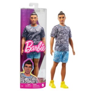 barbie ken doll, kids toys, fashionistas, brown hair in bun, paisley tee and shorts, clothes and accessories