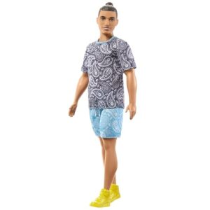 Barbie Ken Doll, Kids Toys, Fashionistas, Brown Hair in Bun, Paisley Tee and Shorts, Clothes and Accessories