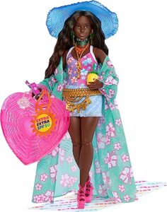 barbie extra fly doll with beach-themed travel clothes & accessories, tropical coverup with oversized hat & bag