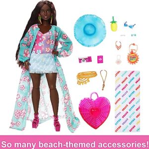 Barbie Extra Fly Doll with Beach-Themed Travel Clothes & Accessories, Tropical Coverup with Oversized Hat & Bag