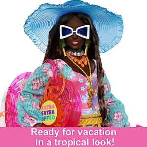 Barbie Extra Fly Doll with Beach-Themed Travel Clothes & Accessories, Tropical Coverup with Oversized Hat & Bag