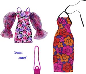 barbie clothes, fashion and accessory 2-pack dolls, 2 dressy floral-themed outfits with styling pieces for complete looks