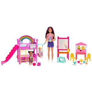 barbie skipper first jobs daycare playset, 3 dolls, furniture & 15+ accessories, includes bunkbeds & color-change easel