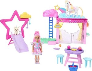 barbie a touch of magic chelsea small doll & pegasus playset, winged horse toys with stable, pet bunny & accessories