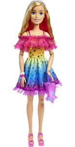 barbie large doll with blond hair, 28 inches tall, rainbow dress and styling accessories including shooting star handbag