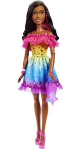 barbie large doll with dark brown hair, 28 inches tall, rainbow dress and styling accessories including shooting star handbag