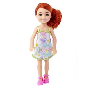 barbie chelsea doll, small doll wearing removable floral dress and shoes with red hair & blue eyes