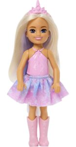 barbie unicorn-inspired chelsea doll with lavender hair, unicorn toys, horn headband and detachable tail