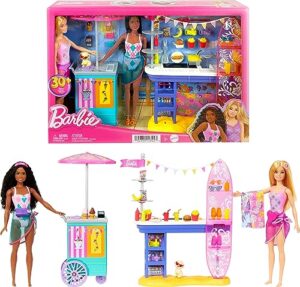 barbie dolls & accessories playset, beach boardwalk with barbie “brooklyn” & “malibu” dolls, food stand, kiosk & 30+ accessories