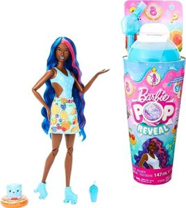 barbie pop reveal doll & accessories, fruit punch scent with blue hair, 8 surprises include slime, color change & puppy