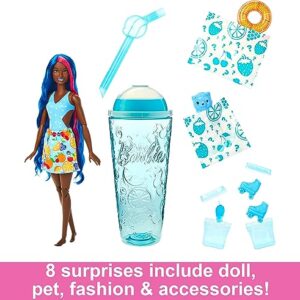 Barbie Pop Reveal Doll & Accessories, Fruit Punch Scent with Blue Hair, 8 Surprises Include Slime, Color Change & Puppy