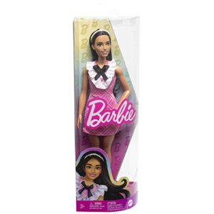 Barbie Fashionistas Doll #209 with Black Hair Wearing a Pink Plaid Dress, Pearlescent Headband and Strappy Heels, 3 years and older