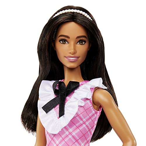 Barbie Fashionistas Doll #209 with Black Hair Wearing a Pink Plaid Dress, Pearlescent Headband and Strappy Heels, 3 years and older