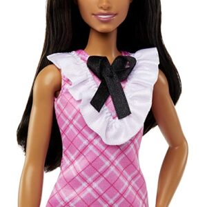 Barbie Fashionistas Doll #209 with Black Hair Wearing a Pink Plaid Dress, Pearlescent Headband and Strappy Heels, 3 years and older