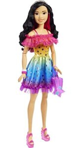 barbie large doll with black hair, 28 inches tall, rainbow dress and styling accessories including shooting star handbag