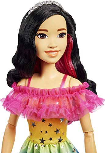 Barbie Large Doll with Black Hair, 28 Inches Tall, Rainbow Dress and Styling Accessories Including Shooting Star Handbag