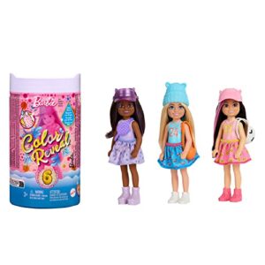 barbie color reveal dolls, chelsea small doll with 6 unboxing surprises including color change, sporty series