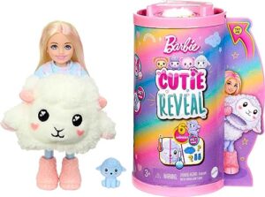 barbie cutie reveal chelsea doll & accessories, lamb plush costume & 6 surprises including color change, cozy cute tees series