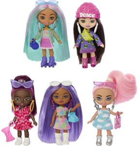 barbie five barbie dolls, barbie extra mini minis bundle, small dolls with colorful fashions and accessories