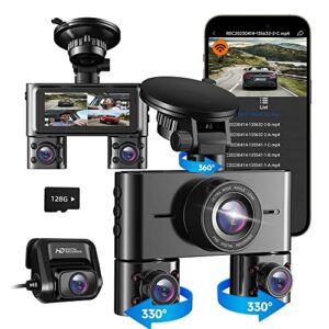 hupejos v7 360° dash cam, 4 channel quad camera fhd 1080p*4 front, left, right, and rear with wifi, adjustable lens dash camera for cars with night vision, free 128gb card, 24 hours parking mode