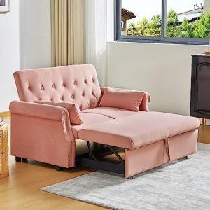 LEVNARY Velvet Small Convertible Sleeper Sofa, Pull-Out Loveseat Futon Sofa Bed, Upholstered Twin Couch Bed with Adjustable Backrest for Small Spaces Living Room (Pink)