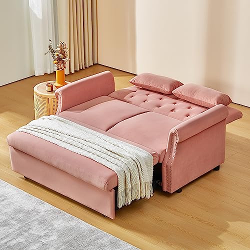 LEVNARY Velvet Small Convertible Sleeper Sofa, Pull-Out Loveseat Futon Sofa Bed, Upholstered Twin Couch Bed with Adjustable Backrest for Small Spaces Living Room (Pink)