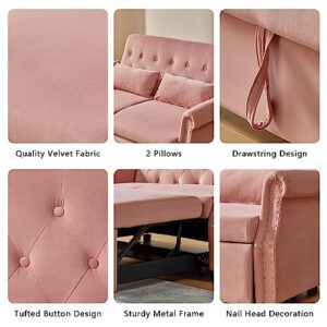 LEVNARY Velvet Small Convertible Sleeper Sofa, Pull-Out Loveseat Futon Sofa Bed, Upholstered Twin Couch Bed with Adjustable Backrest for Small Spaces Living Room (Pink)