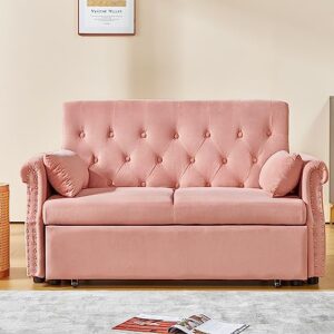 LEVNARY Velvet Small Convertible Sleeper Sofa, Pull-Out Loveseat Futon Sofa Bed, Upholstered Twin Couch Bed with Adjustable Backrest for Small Spaces Living Room (Pink)