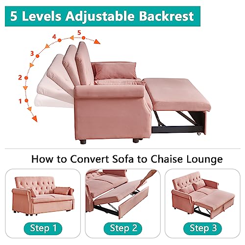 LEVNARY Velvet Small Convertible Sleeper Sofa, Pull-Out Loveseat Futon Sofa Bed, Upholstered Twin Couch Bed with Adjustable Backrest for Small Spaces Living Room (Pink)