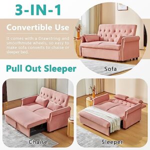 LEVNARY Velvet Small Convertible Sleeper Sofa, Pull-Out Loveseat Futon Sofa Bed, Upholstered Twin Couch Bed with Adjustable Backrest for Small Spaces Living Room (Pink)