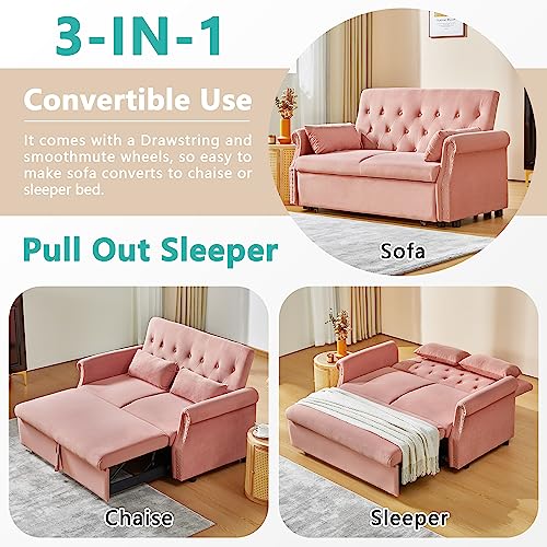 LEVNARY Velvet Small Convertible Sleeper Sofa, Pull-Out Loveseat Futon Sofa Bed, Upholstered Twin Couch Bed with Adjustable Backrest for Small Spaces Living Room (Pink)