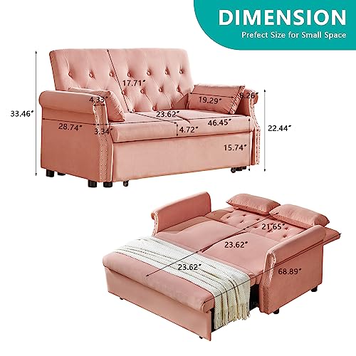 LEVNARY Velvet Small Convertible Sleeper Sofa, Pull-Out Loveseat Futon Sofa Bed, Upholstered Twin Couch Bed with Adjustable Backrest for Small Spaces Living Room (Pink)