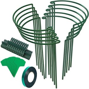 unves 10 pack plant stakes, 10" w x 16" h high half round metal peony cages and supports with plant labels, clips and ties, green garden plant support ring for outdoor plants tomato, flowers vine