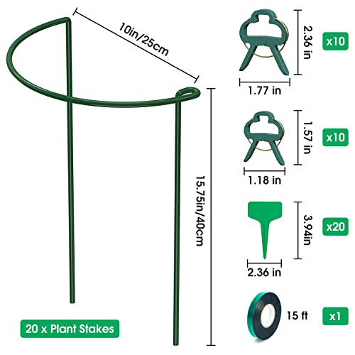 Unves 10 Pack Plant Stakes, 10" W x 16" H High Half Round Metal Peony Cages and Supports with Plant Labels, Clips and Ties, Green Garden Plant Support Ring for Outdoor Plants Tomato, Flowers Vine
